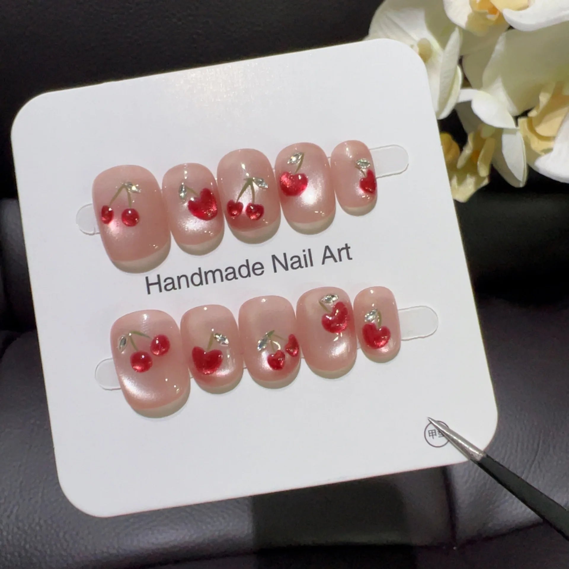 10pcs Festive Red Oval Short Press-On Nails with Cute Tomato Design Glossy Finish Holiday Nail Art Set for Women and Girls Wear
