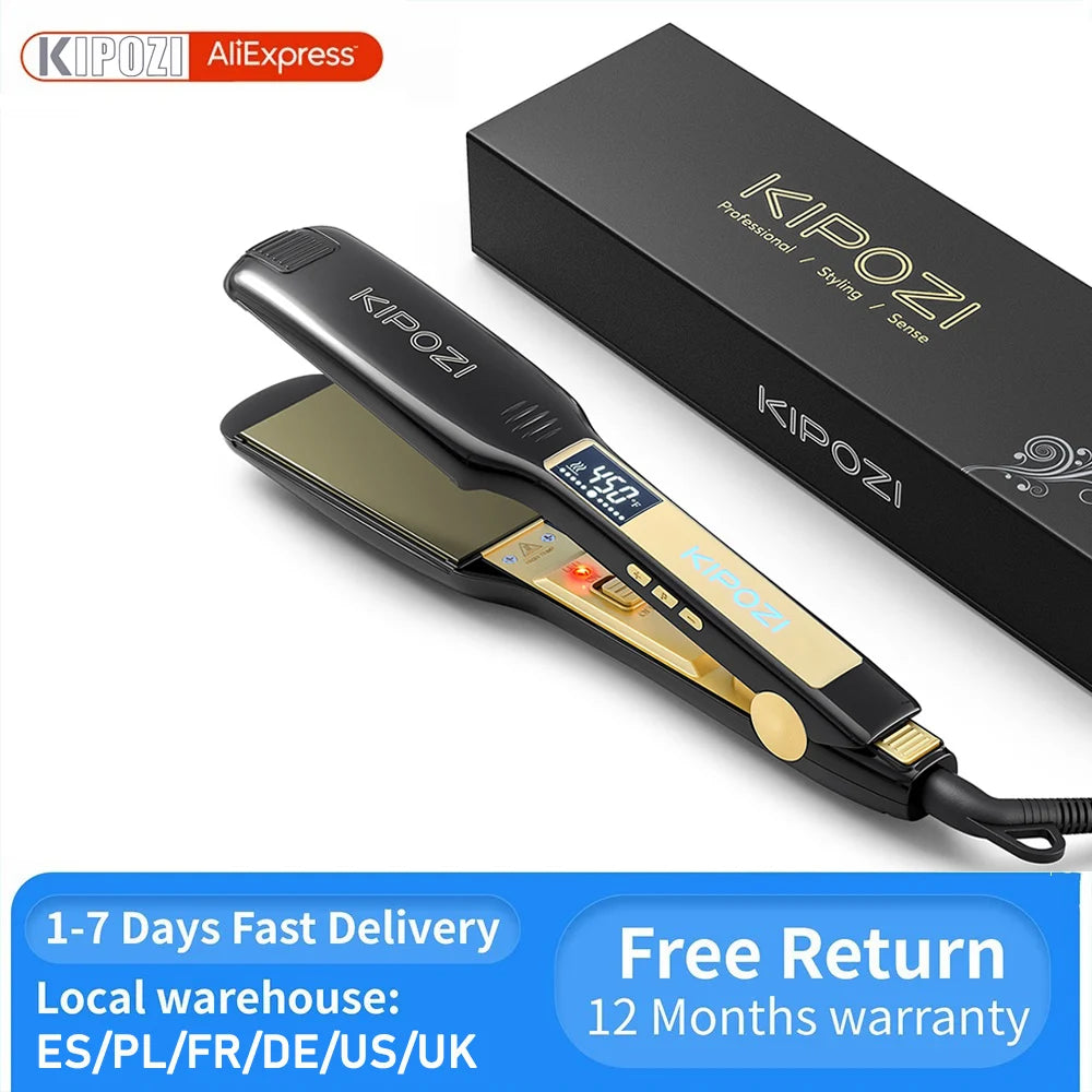 KIPOZI Professional Titanium Flat Iron Hair Straightener with Digital LCD Display Dual Voltage Instant Heating Curling Iron