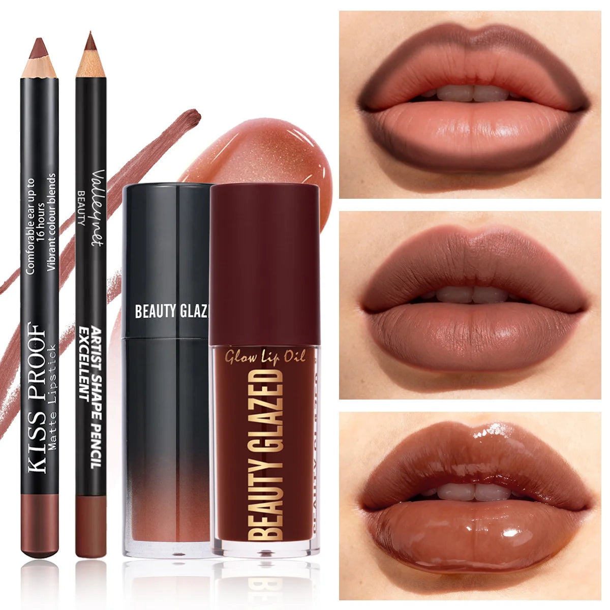 4Pcs/Set Velvet Lip Combo, Matte Lip Liner, Lip Oil Nude Gloss, Long-lasting Waterproof, Sophisticated Lip Look