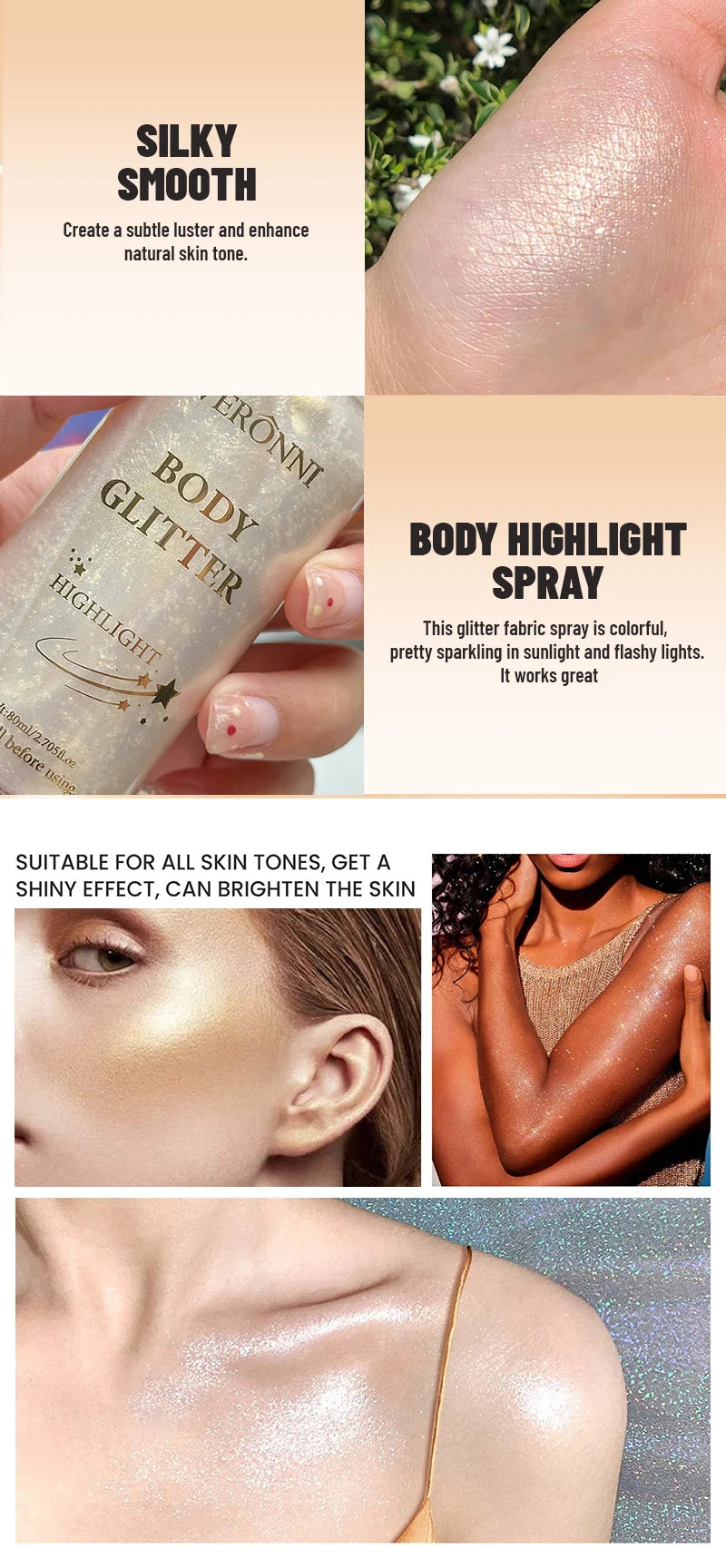 Body Highlighter Spray–Quick-Dry Non-Sticky Shimmer Mist, Fine Glitter for Hair & Skin,Water-Resistant Long-Lasting Summer Glow