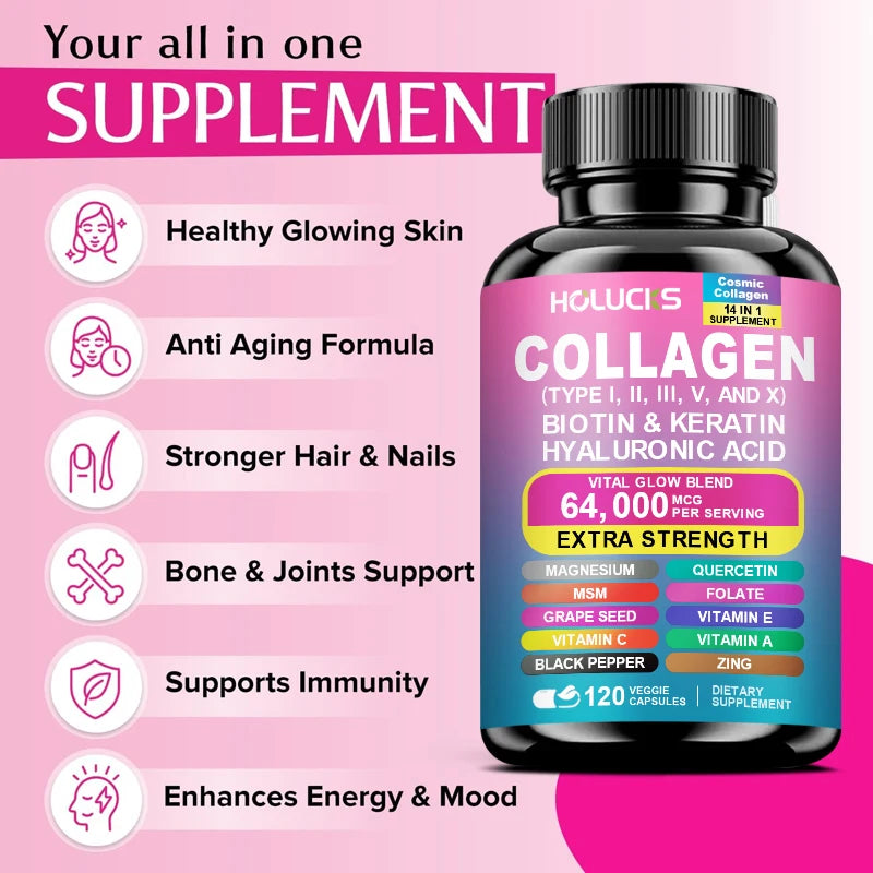 High Strength Collagen Complex, with Biotin, Hyaluronic Acid, Antioxidant, for Firm Skin, Strong Joints, Bone, Hair and Nails