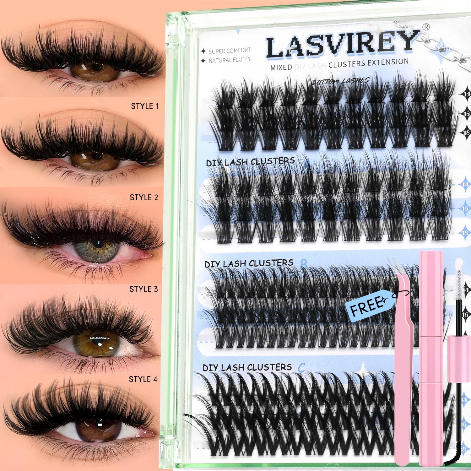 Lasvirey Cluster Lashes Kit DIY Fluffy Lash Clusters 4 IN 1 Mixed Full Set Individual Eyelashes Extension with Lash Bond & Seal