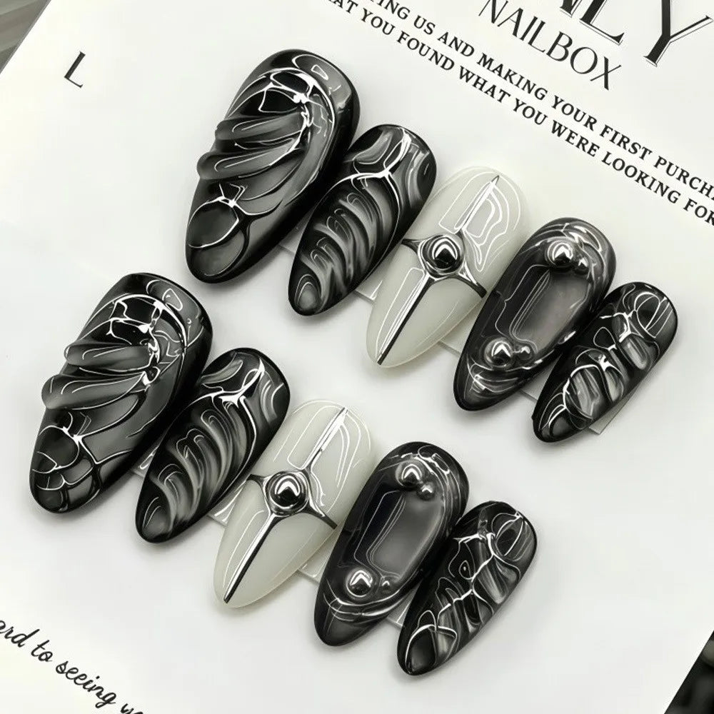 24Pcs Dark Press on Fake Nails with Black Glitter 3D Metallic Designs Sweet Cool Almond False Nails Detachable Nails Spice Girls