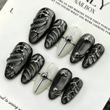 24Pcs Dark Press on Fake Nails with Black Glitter 3D Metallic Designs Sweet Cool Almond False Nails Detachable Nails Spice Girls