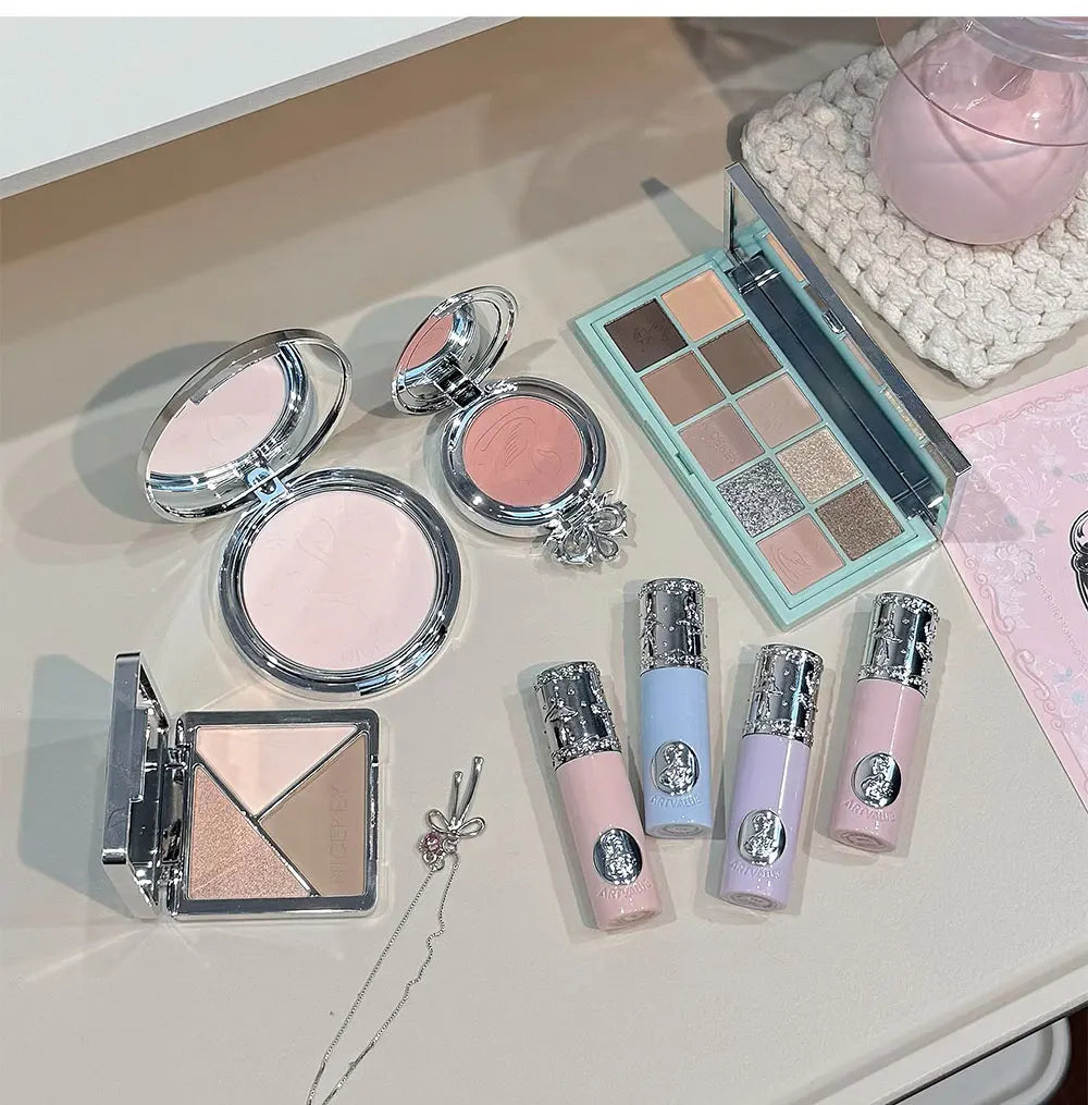 NICEKEY Pink Ballet Makeup Sets Include 4 Lip Mud,1 Blush,1 Pressed Powder,1 Eyes Palette,1 Contour Palette With Necklace Gift