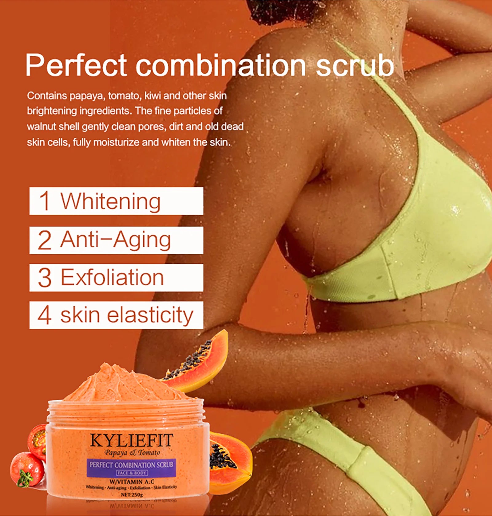Papaya And Tomato Combination Scrub, Reduce Spots, Whitening, Exfoliating, Moisturizing, Smooth Skin, For Face And Body, 250g
