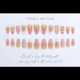 24PCS Pink Almond Press on Nails Full Cover Carved Flower 3D Ripples French Fake Nails for Women with Golden Pearl Wearable Nail