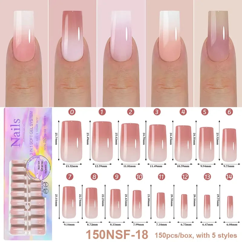 150Pcs/Box Acrylic Press on Nails Full Cover Fake False Tips Soft Gel Extension T-shaped Oval Capsule Almond Sculpted Salon DIY