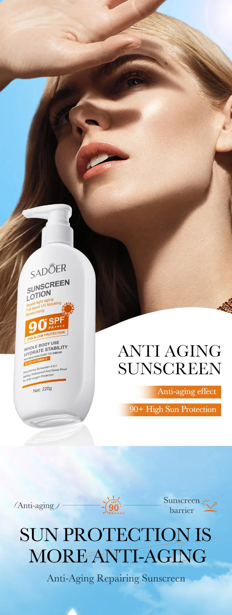 Lotion Solaire Pour Le Corps Et Le Visage, Super 220g, 50g Small Bottle Size, SPF 90 PA +++++, Utilisation Pour Tout Le Corps,