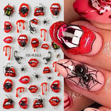 1/2pcs Charming Embossed Lips & Spider Nail Decals 5D Sexy Red Lip Nail Art Sticker Halloween Punk Style Manicure Accessories