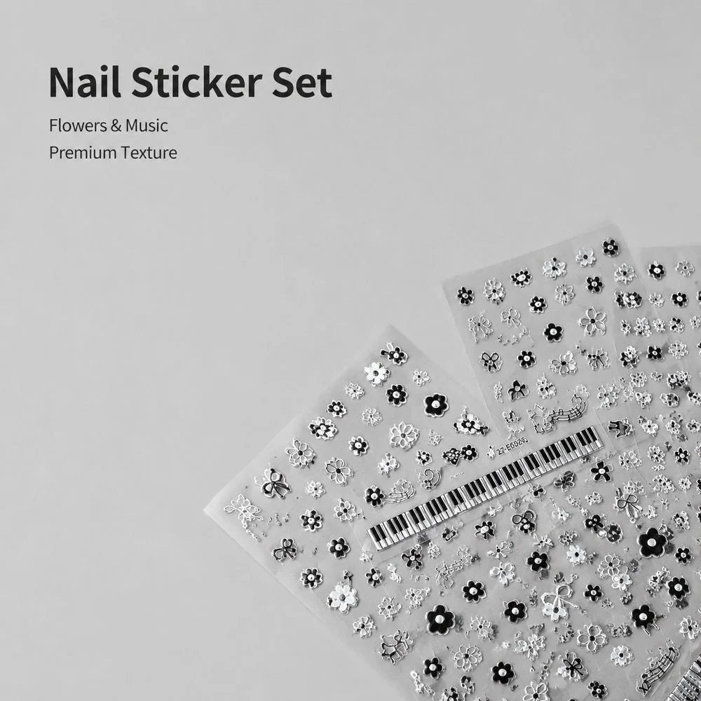 6Pcs 3D Hollow Flower Nail Stickers Black Silver Metallic Piano Key Musical Note Bowknot Adhesive Decals For Nail Art Making