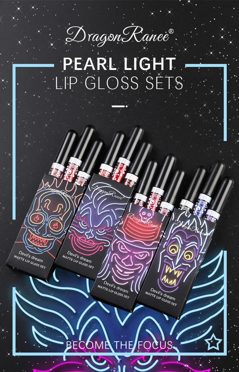 Halloween Lip Gloss Set Sparkling Purple Black Non Stick Lipstick Trio For Party Makeup Beauty Gift