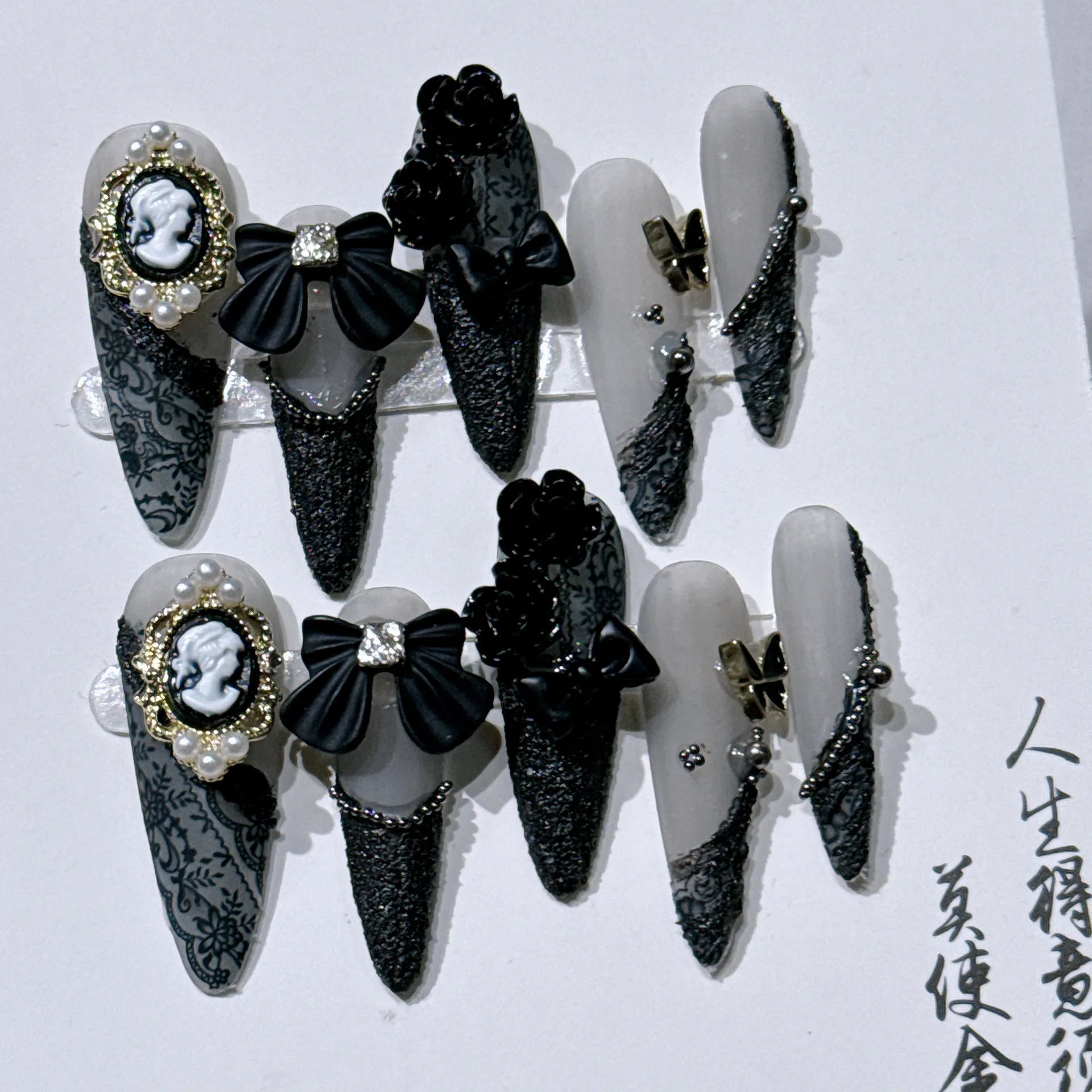 Long Stiletto Press on Fake Nails Blue Heart Diamond Bow Decoration False Nail Y2K Fashion Artificial Nail Handmade Acrylic Nail