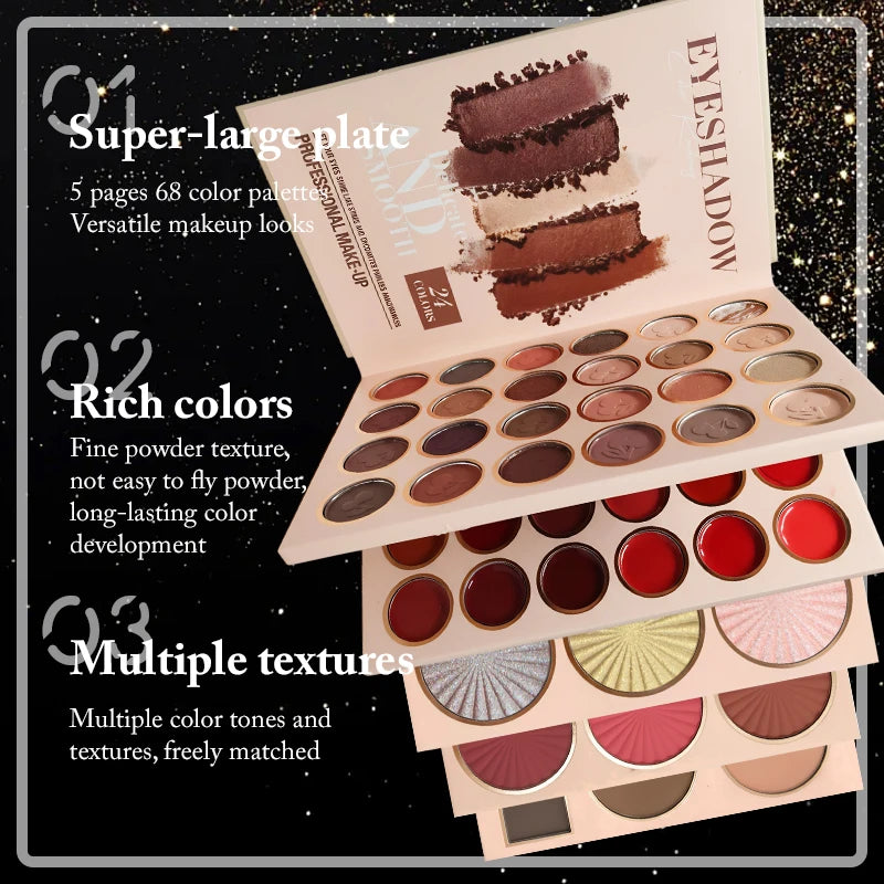 67-color multi-layered beauty book palette, a makeup book that combines eyeshadow, blush, contouring and highlighter,rich colors