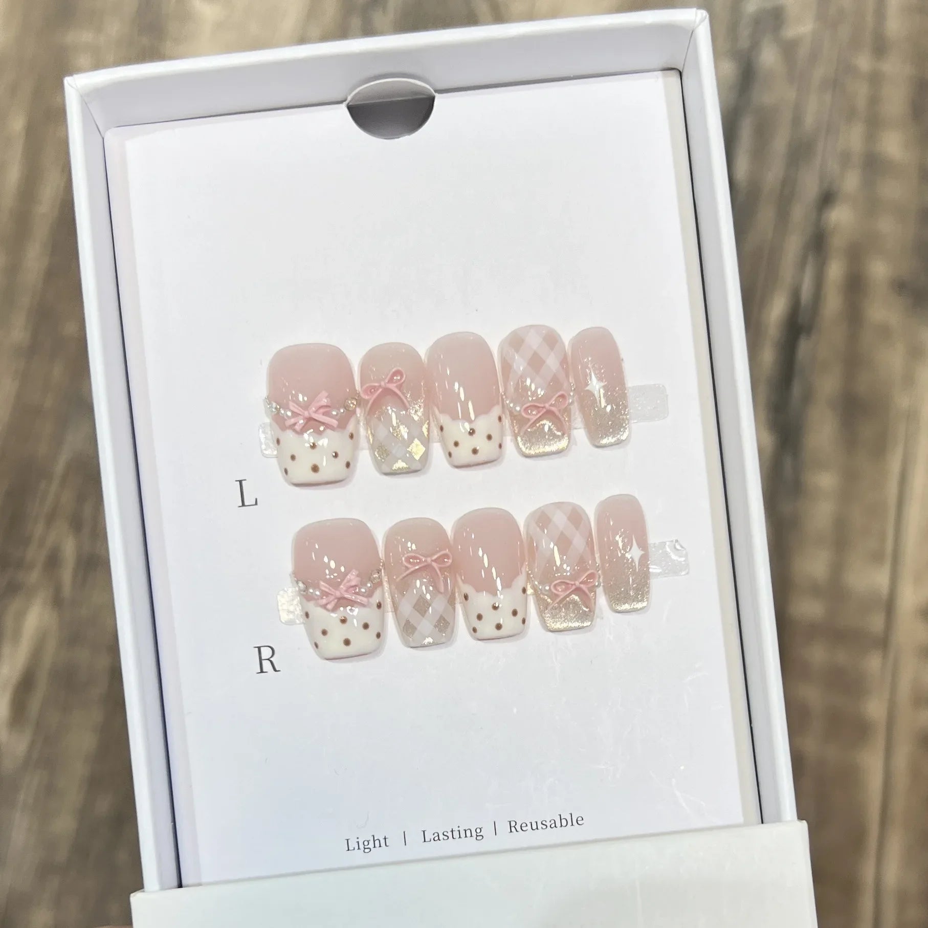 10Pcs Sweet Mid-length Ballet False Nails Art Fashion Pink Cat Eye Lovely Bow Wearable Finished Nails Set Summer Acrylic Nails