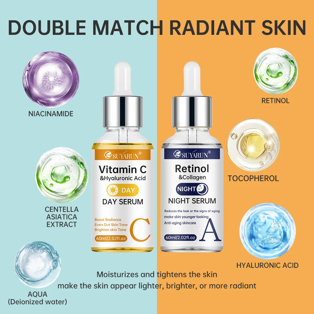 SUYARUN Day Vitamin C Night Retinol Serum - Brightening & Anti-Aging | 2-in-1 Formula for Skin Repair | All Skin Types.