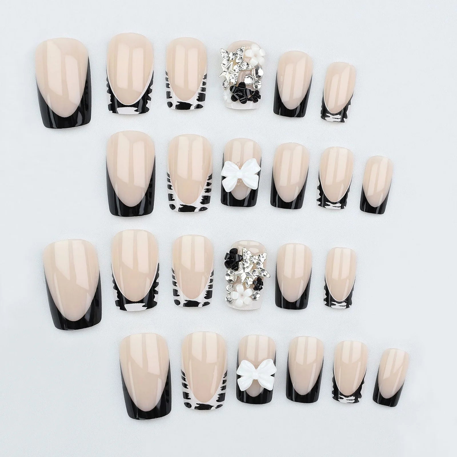 Y2K 24Pcs Set French Style Black & White Tie Dye Polka Dot Press-On Nails, Reusable, With Bowknot, Star Rhinestones, Cute & Chic, Suitable For Dates, Spring, New Year, Christmas, Daily, Birthday, Festival, Spring/Summer New A