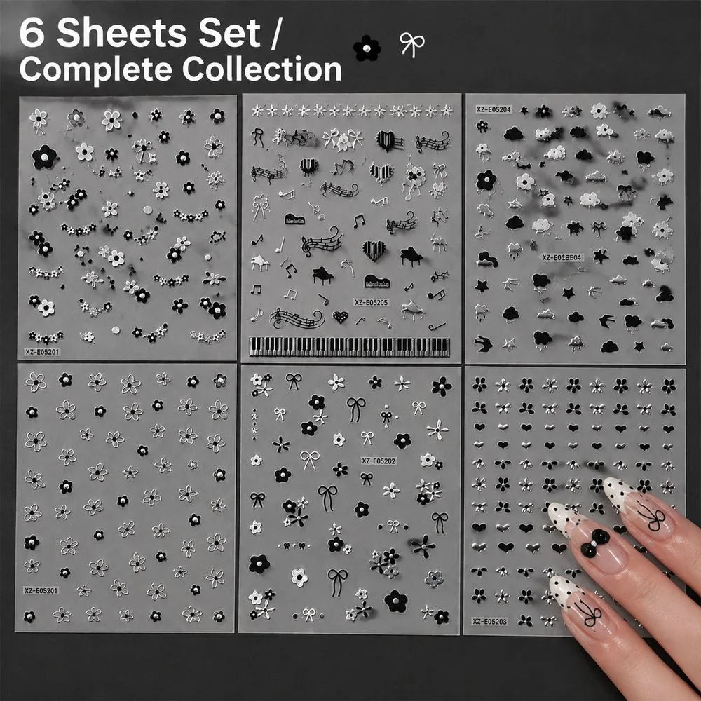 6Pcs 3D Hollow Flower Nail Stickers Black Silver Metallic Piano Key Musical Note Bowknot Adhesive Decals For Nail Art Making