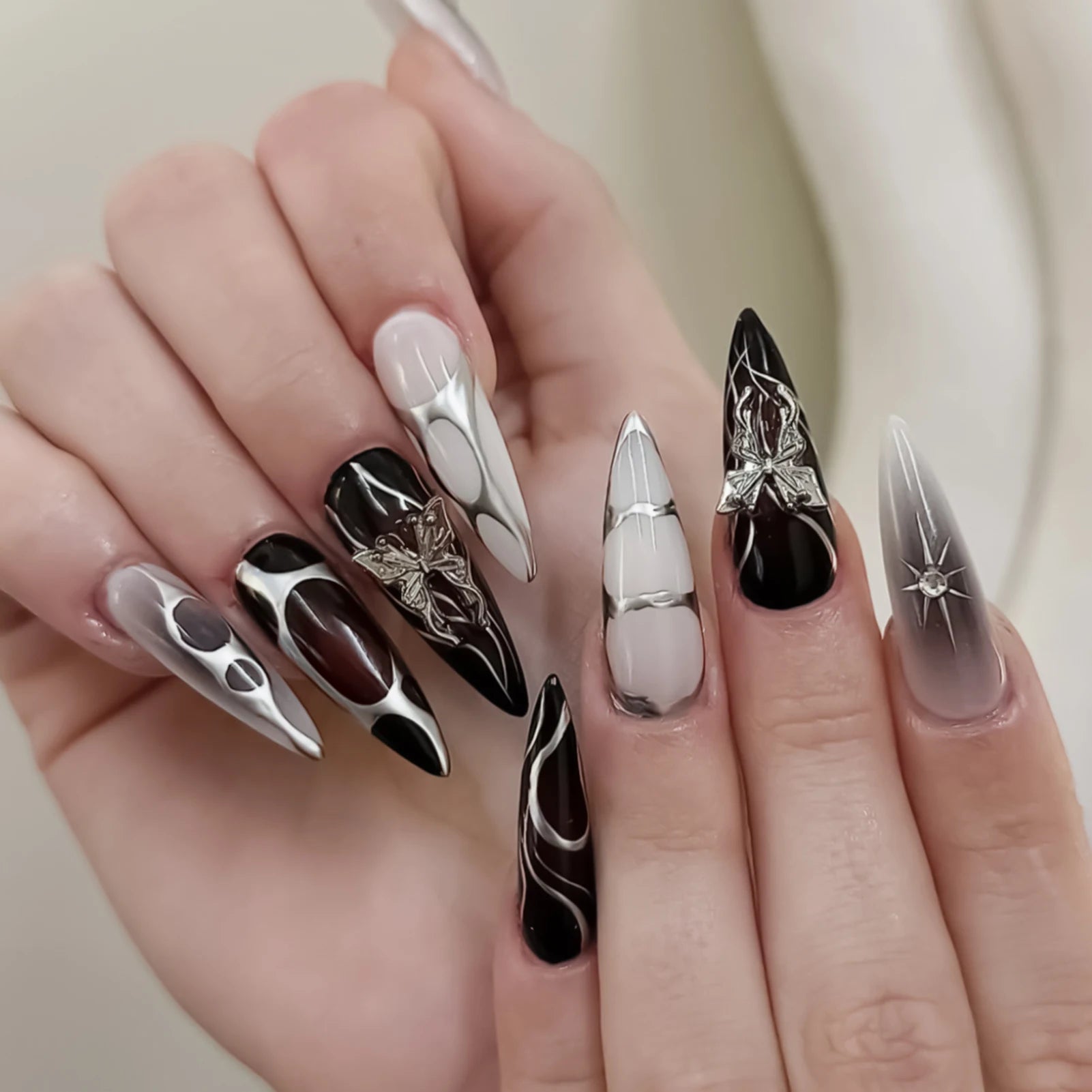 24PCS Long Press On NailsStiletto Black Silver Bowknot Dissymmetry Fake Nails Powder Full Cover Fake Nail Set Nails Art
