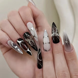 24PCS Long Press On NailsStiletto Black Silver Bowknot Dissymmetry Fake Nails Powder Full Cover Fake Nail Set Nails Art