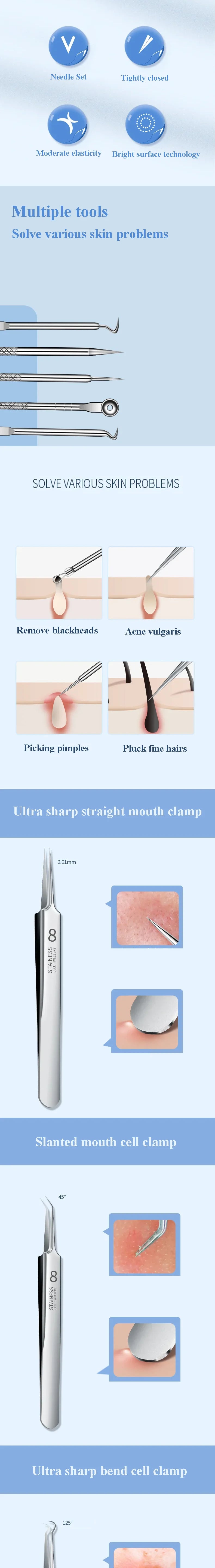 4-11Pcs Ingrown Hair Tweezers Acne Blackhead Removal Needles Black Dots Cleaner Deep Cleansing Pore Cleaner Face Skin Care Tools