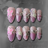 24Pcs Mid-length Gilded Almond Nails Set Press on 3D Flower Gradient Pink Full Cover False Nails Tips Pearl Reusable Fake Nails