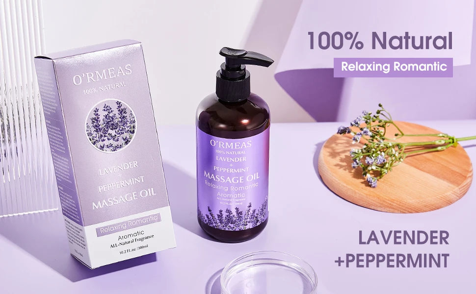 Lavender & Peppermint Infused Massage Body Oil - Warming & Moisturizing Formula for Men & Women, 10.2 Fl.Oz