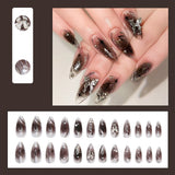 24PCS Long Press On NailsStiletto Black Silver Bowknot Dissymmetry Fake Nails Powder Full Cover Fake Nail Set Nails Art