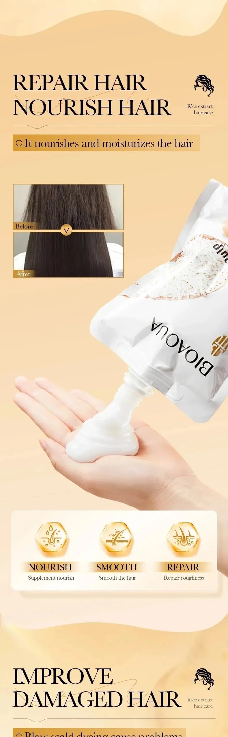 Rice Conditioner Penetrates the Hair Core, Replenishes Hair Nutrients, Repairs Damaged Cuticles, and Improves Dryness, Split Ends, Frizz, and Other Hair Damage Caused by Blow-Drying, Ironing, and Dyeing.