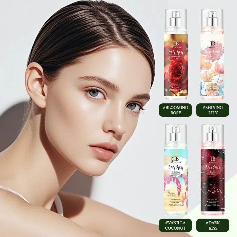 The fragrance spray has a long-lasting, faint floral scent with a fruity note. It is a fragrance body spray without alcohol.