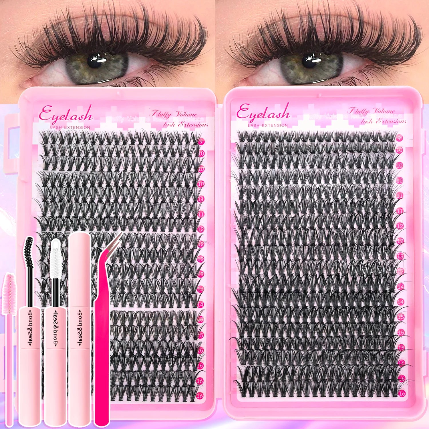 720/200pcs eyelash Extension Kit Fluffy Eyelash Extension kit with Lash Bond and Seal Lash Tweezers Thick Lash Clusters Wispy