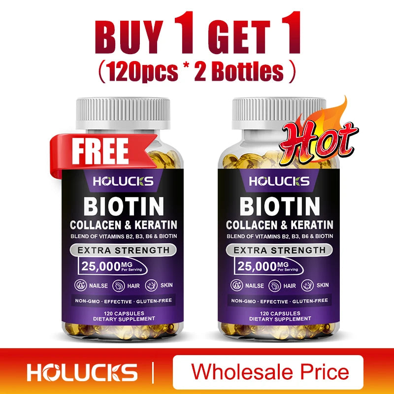 Biotin+Collagen+Keratin Capsules, Hydration, Promotes Hair Growth, Strengthens Weak Nails, Joints & Bones, Anti-Aging, Whitening