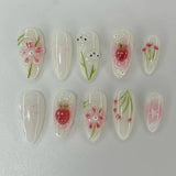 24pcs Wearable Press on Nails Strawberry Bow Design Nails Tips Red Short Almond Pearl Starlight Fake Nail Art Flower False Nails