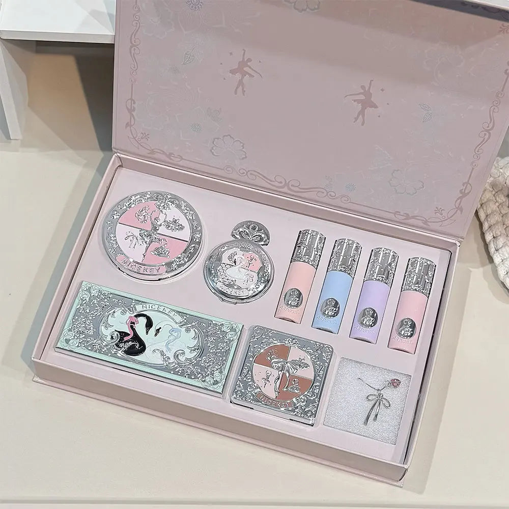 NICEKEY Pink Ballet Makeup Sets Include 4 Lip Mud,1 Blush,1 Pressed Powder,1 Eyes Palette,1 Contour Palette With Necklace Gift
