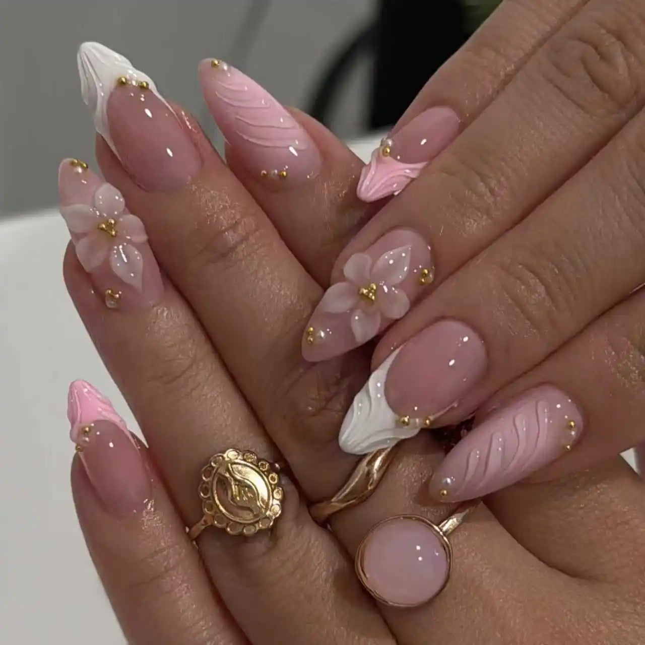 24PCS Pink Almond Press on Nails Full Cover Carved Flower 3D Ripples French Fake Nails for Women with Golden Pearl Wearable Nail