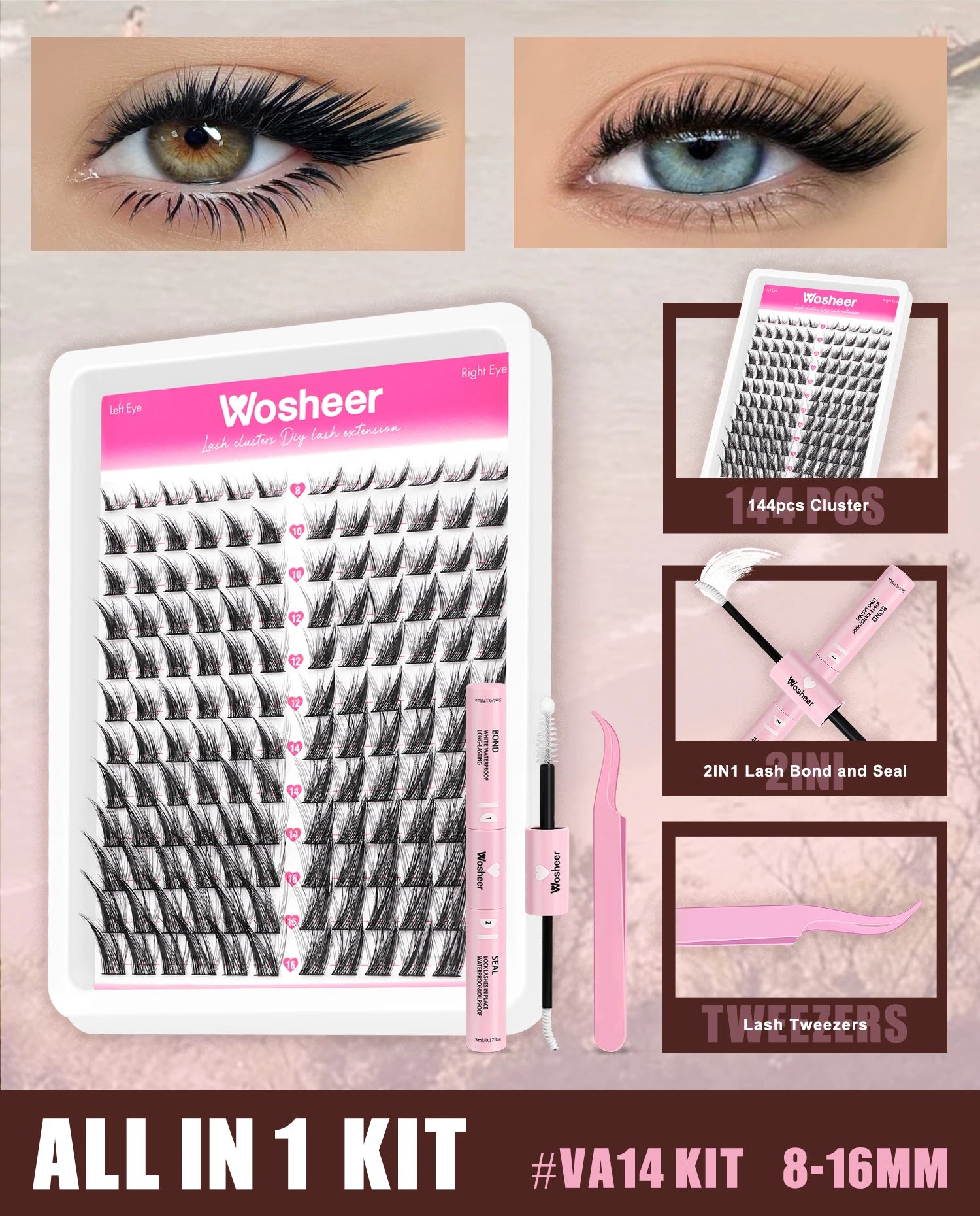 WOSHEER Manga Lash Clusters Kit Cat Lashes with Lash Bond & Seal Cluster Eyelash Extensions Mixed Tray Eyelash Clusters Kit