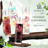 The fragrance spray has a long-lasting, faint floral scent with a fruity note. It is a fragrance body spray without alcohol.