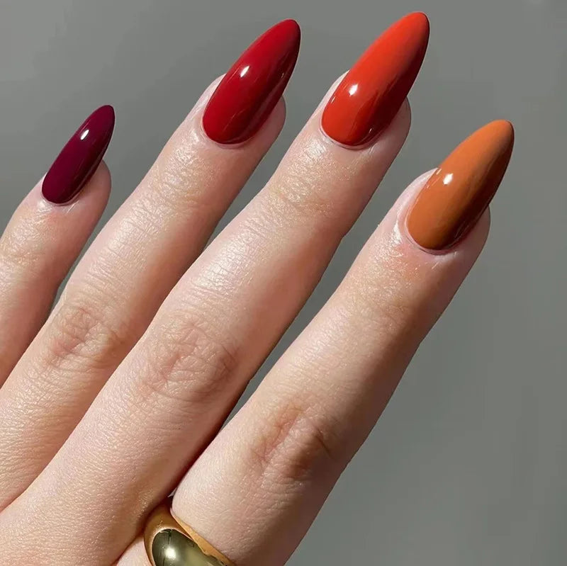 24Pcs Simple Wine Red Fake Nail with Mid-length Design Almond Press on False Nails Wearable Round Head Oval Full Cover Nail Tips