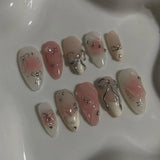 24PCS Medium Almond Press On Nails Wine Red Cute Cartoon Rabbit Bowknot Plaid Pearl False Nails Kawaii Nails Full Cover Wearable