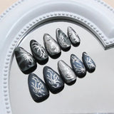 24Pcs Dark Press on Fake Nails with Black Glitter 3D Metallic Designs Sweet Cool Almond False Nails Detachable Nails Spice Girls