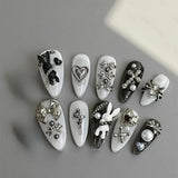 10pcs personalized black and white nail art, rabbit and bow decoration - Gothic minimalist style, suitable for daily wear