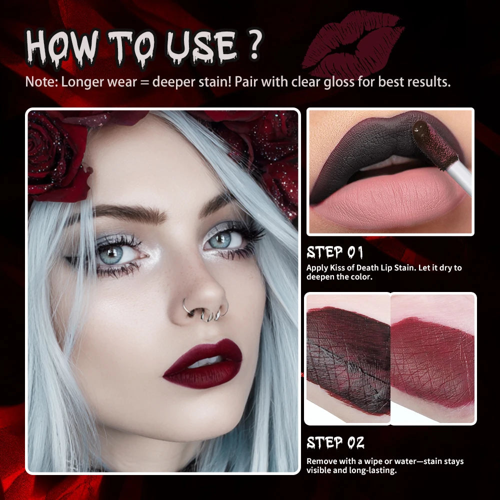 2Pcs Matte Bloody Lip Stain Long-Lasting Water-Resistant Liquid Lipstick Gothic Vampire Halloween Party Lip Tint Cosmetics