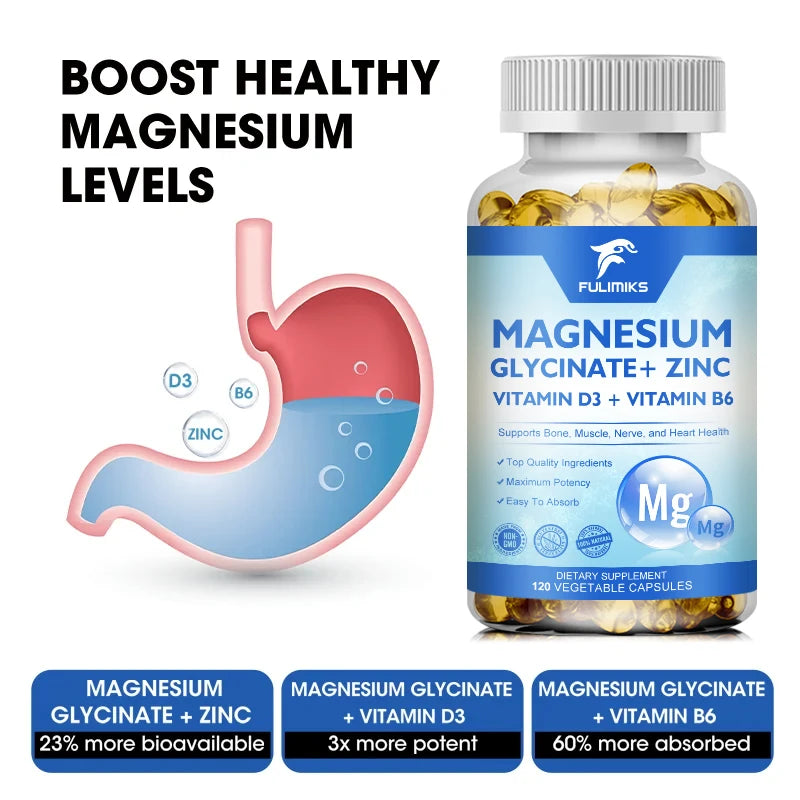 Magnesium Glycinate + Zinc Supplement Capsules, High Absorption, Support Sleep Health, Bone Joint, Brain, Strengthen Immune