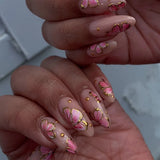 24pcs White Flower Fake Nail Tips Ins Yellow Pink Blush False Nails Wearable Full Cover European Almond Shaped Press on Nails