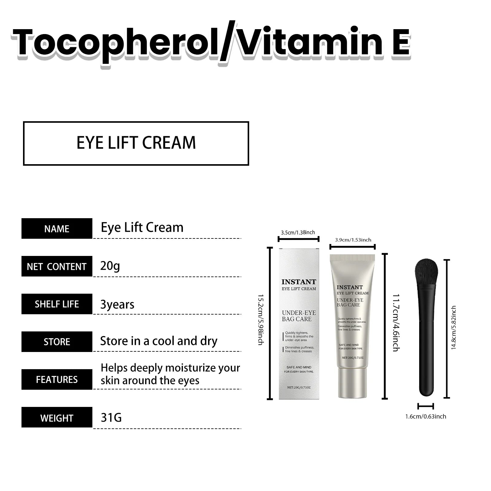 Instant Eye Care Cream With Brush Lasting Moisturizing Firming Smoothing Fine Lines Anti-Aging Eye Bag Removal Skin Care