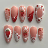 24pcs Wearable Press on Nails Strawberry Bow Design Nails Tips Red Short Almond Pearl Starlight Fake Nail Art Flower False Nails