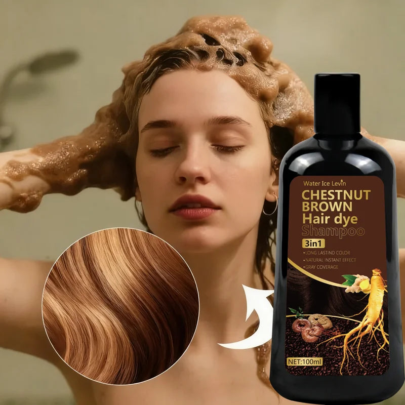 Water Ice Levin 3-in-1 Chestnut Brown Hair Dye Shampoo with Ginger & Ginseng for Instant Gray Coverage & Long-Lasting Color