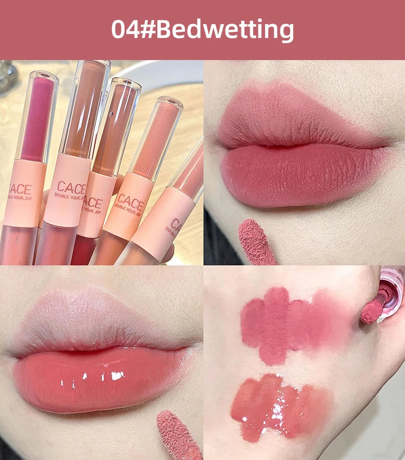 CACE Double Head Lip Gloss Sexy Red Lip Makeup Lip Mud Mirror Water Gloss Lip Glaze Matte Lipstick Waterproof Korean Cosmetics