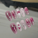 24PCS Medium Almond Press On Nails Wine Red Cute Cartoon Rabbit Bowknot Plaid Pearl False Nails Kawaii Nails Full Cover Wearable