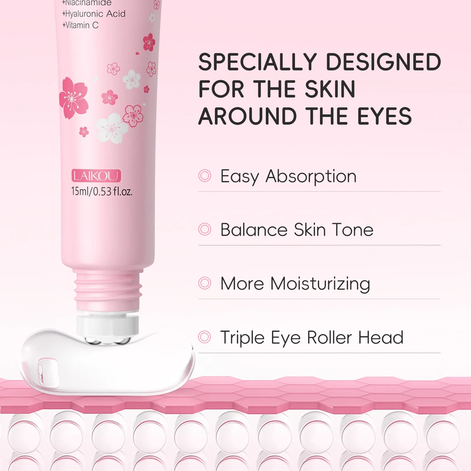 LAIKOU Sakura Roller Eye Serum 15ml Moisturizing Eye Care Reduce Dark Circles Puffiness Fine Lines Anti Aging Brightening Eye